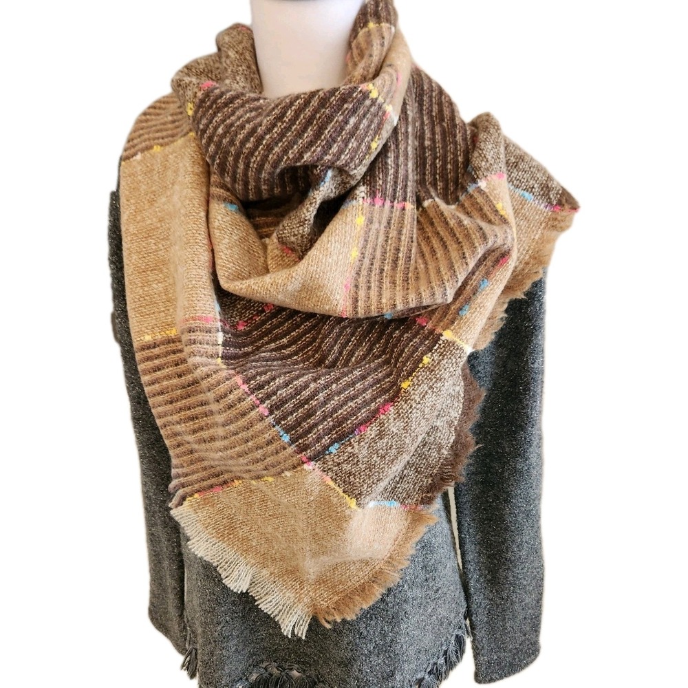 NWT Grace & Lace Brown Plaid Blanket Scarf Fringe Winter Autumn Warm Shawl Wrap